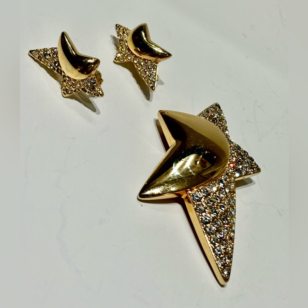 Vintage  Swarovski Gold Star and Crescent Moon Brooch and Earrings Set